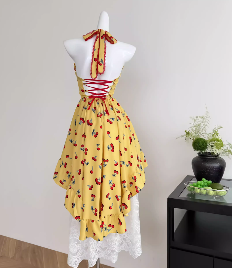 Yellow holiday style irregular backless suspender skirt + skirt R2032