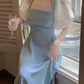 Blue halter neck square neck puff sleeve dress        S5799