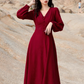 Red dress Hepburn style French retro v-neck petite long-sleeved red dress R1752