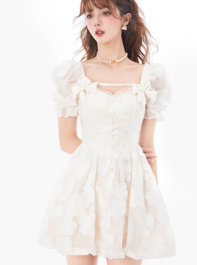 French artistic skirt light luxury romantic fairy bow print dress R4987