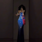 Retro blue floral dress sexy waist slim hip suspender skirt R0640