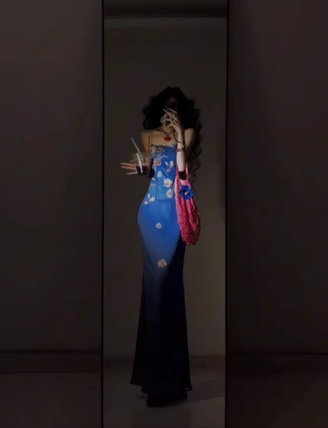 Retro blue floral dress sexy waist slim hip suspender skirt R0640