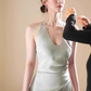 French satin halter neck V-neck dress temperament slim fishtail hip-wrapped long skirt R1526