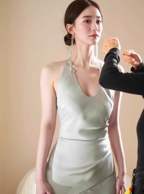 French satin halter neck V-neck dress temperament slim fishtail hip-wrapped long skirt R1526