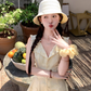 Yellow sleeveless waist a-line dress women's summer French temperament skirt R4622