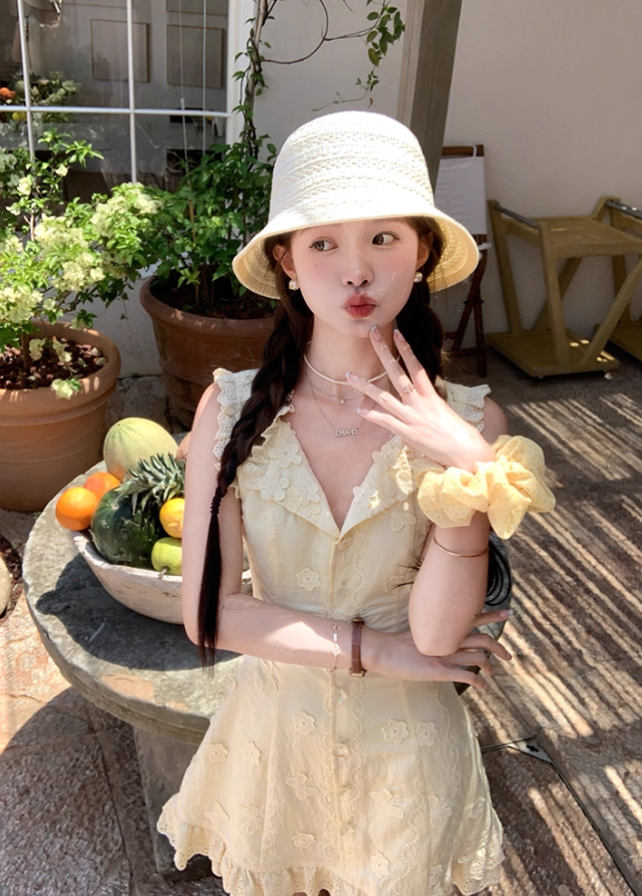 Yellow sleeveless waist a-line dress women's summer French temperament skirt R4622