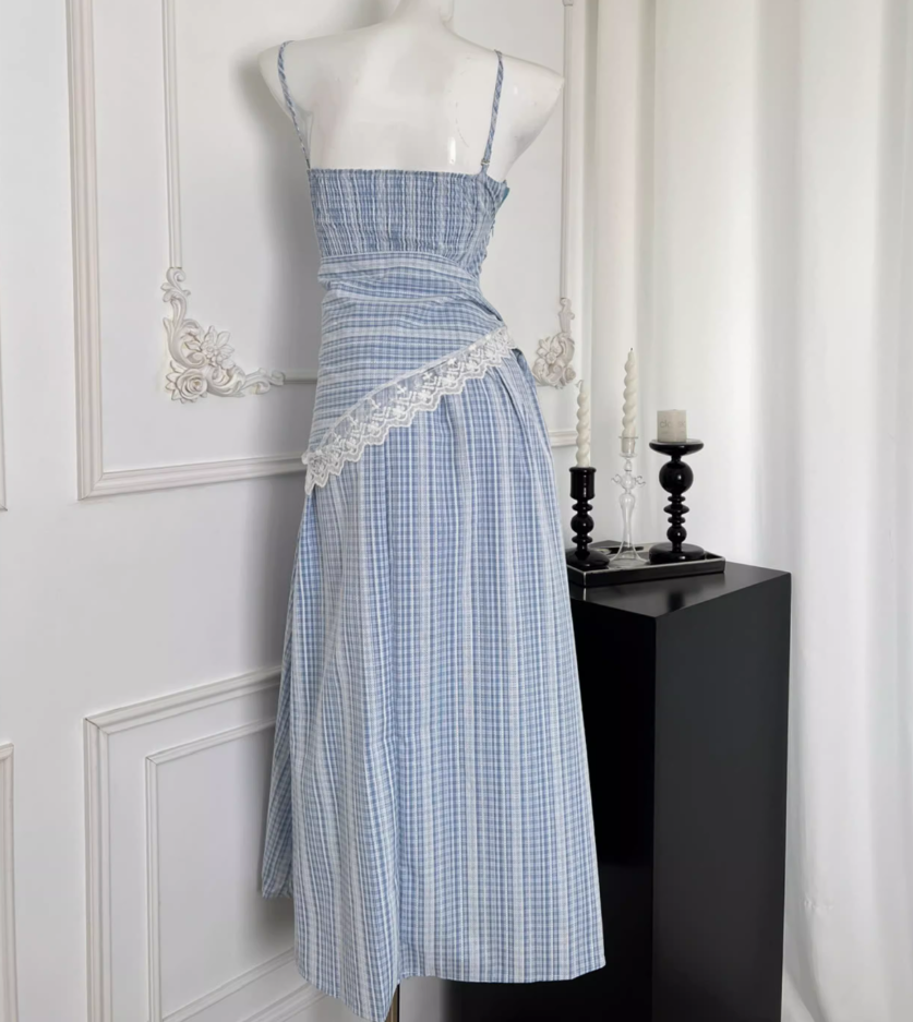 Blue plaid lace slim and high-end detachable suspender tube top long skirt R1984