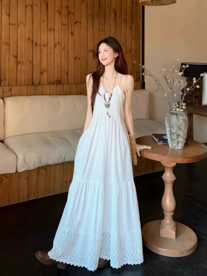 French fairy temperament holiday v-neck suspender dress lace blouse two-piece outfit R1735