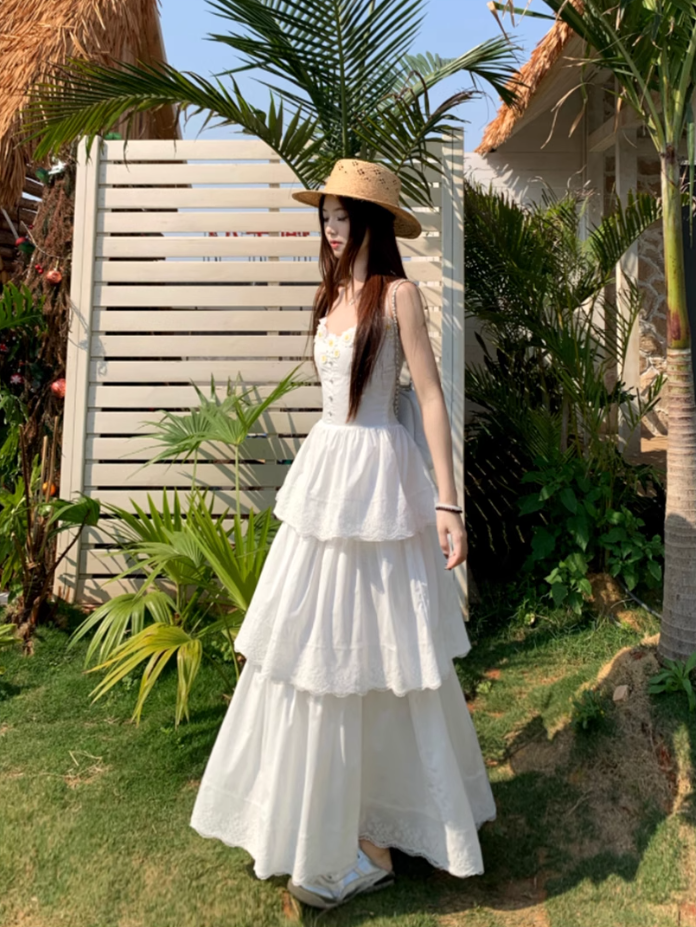 Fairy Qianjinfeng waist skirt daisy flower gentle white moonlight cake dress R1748