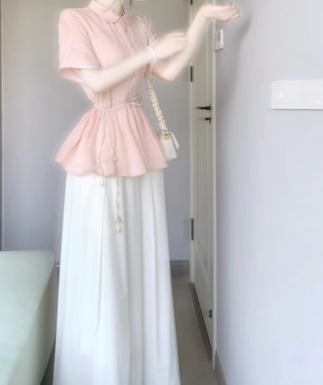 A set of beautiful pink short-sleeved shirt a-line skirt two-piece suit 2025 new R0846