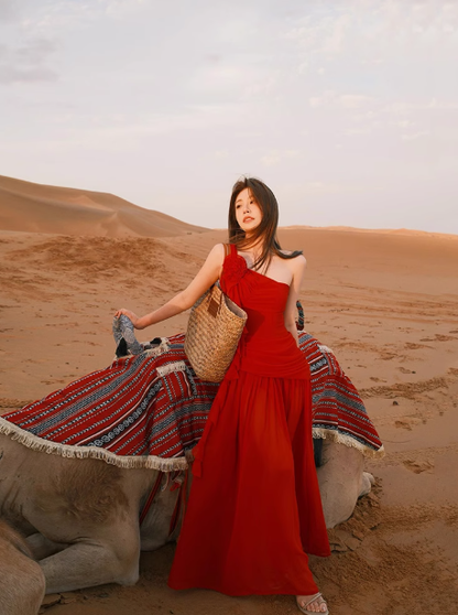 French hottie pure desire flower off-shoulder red dress female desert travel wear holiday long dress R0223