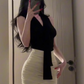 Large size French pure desire style V-neck ribbon sleeveless top tight hip skirt royal sister suit R1846