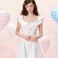Petal Neck Waist Short Sleeve Cotton Printed Polka Dot Dress R5255