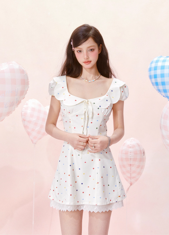 Petal Neck Waist Short Sleeve Cotton Printed Polka Dot Dress R5255