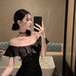 Hepburn style French sexy black one-shoulder dress slim fit temperament hip long skirt R1820