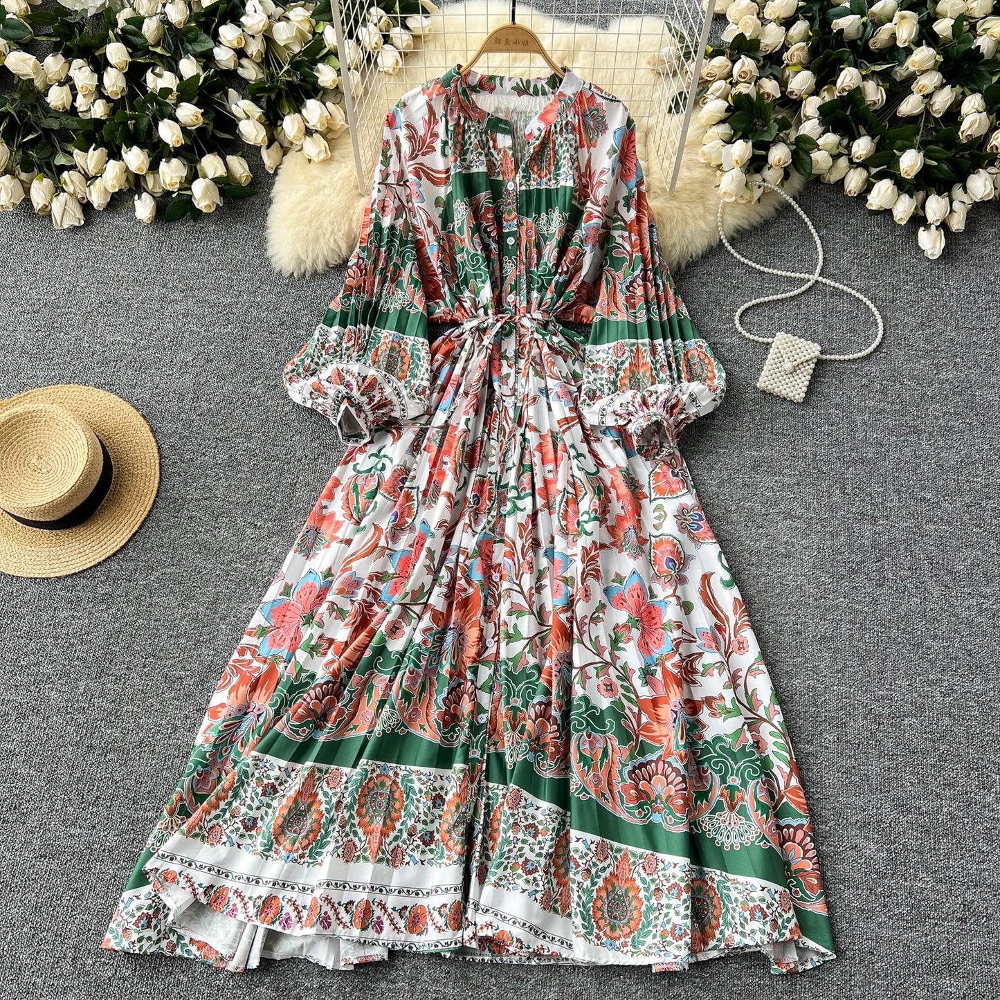 European and American style pleated printed dress lantern long sleeve waist slim long skirt R2322