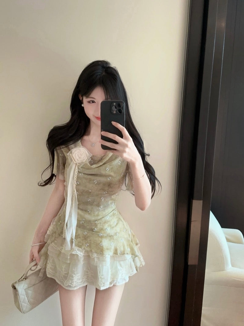 French lace three-dimensional flower collar chiffon shirt summer new sweet halter neck R3390