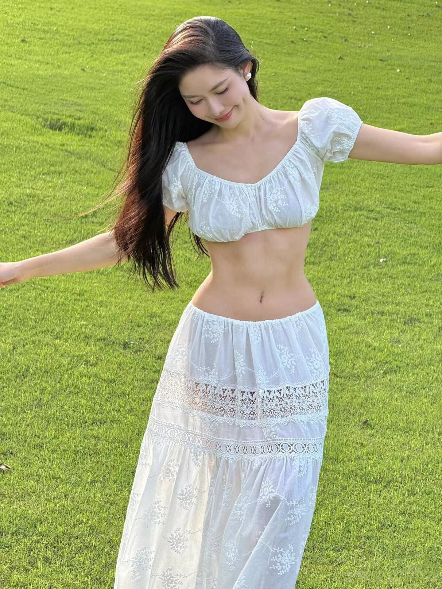 White tube top hot girl top feminine skirt two-piece set for beach vacation R1578
