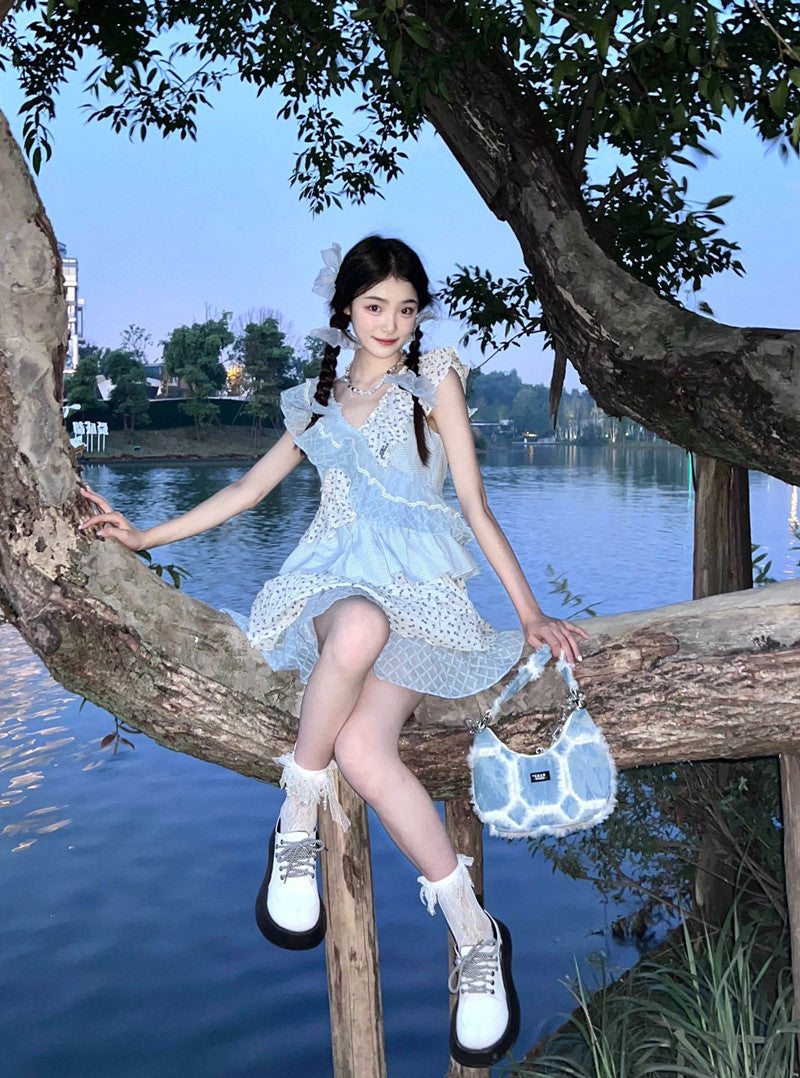 French sweet floral ruffle patchwork dress niche design princess fairy dress R1657