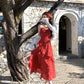 French style beautiful red suspender dress irregular slit long skirt R3865