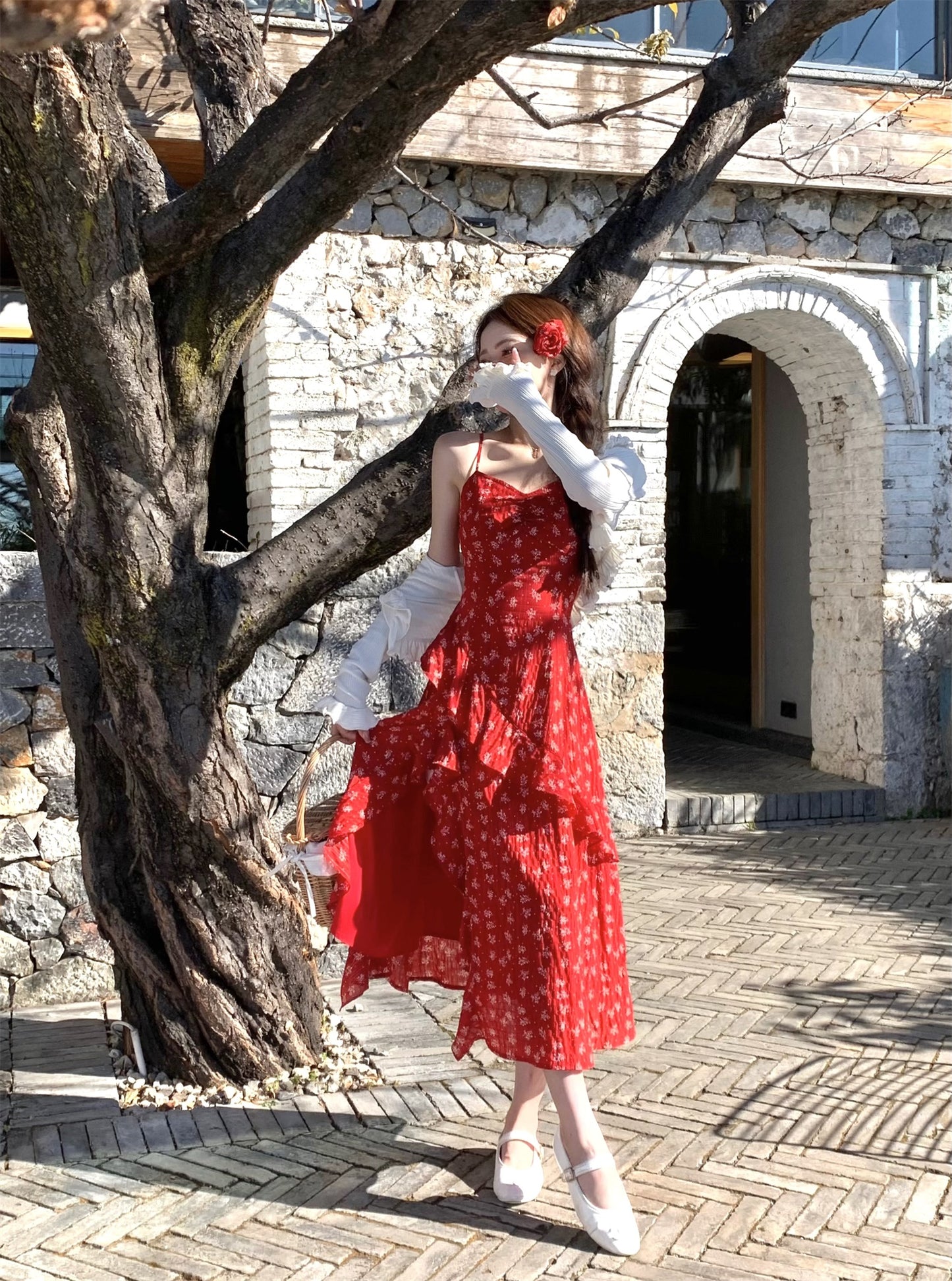 French style beautiful red suspender dress irregular slit long skirt R3865