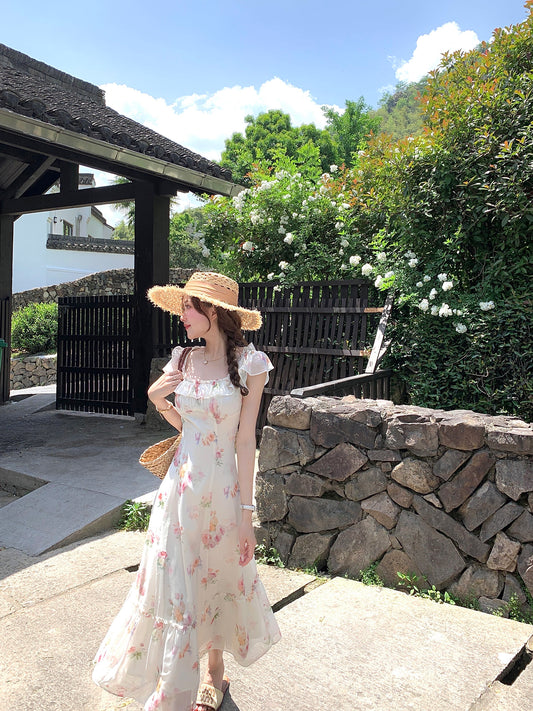 French romantic floral dress women's summer unique beautiful long dress R3870