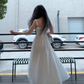 Gentle white moonlight suspender dress unique waist A-line skirt R0514