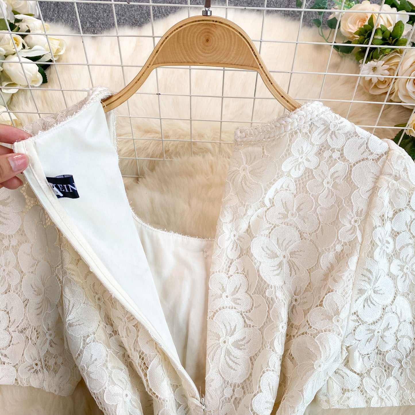 French Chanel style dress exquisite temperament square neck lace pleated long dress R2243