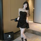 Tube top design fishtail hem A-line dress women's waist dress little black dress R3149