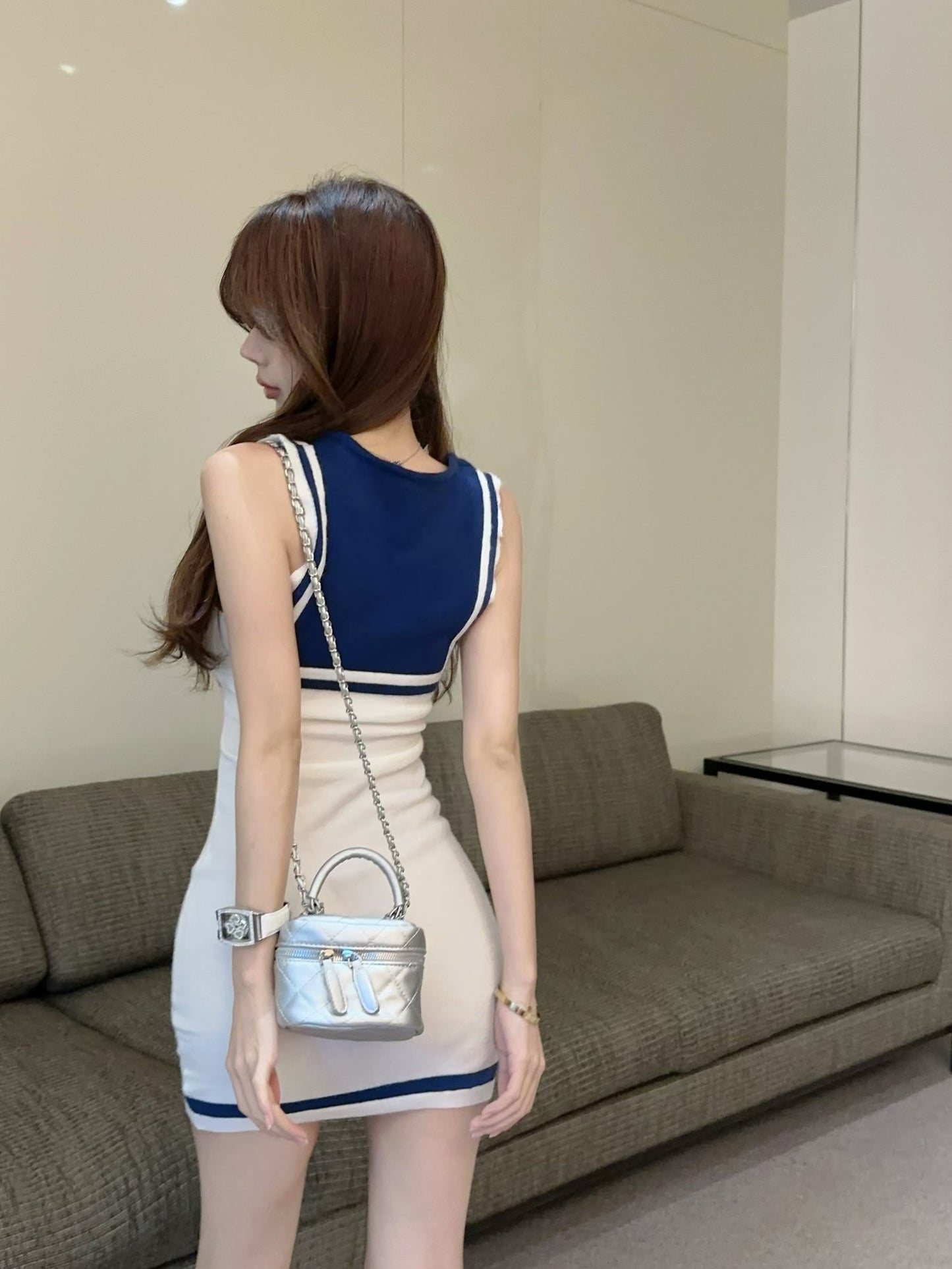 Summer navy style low collar deep v knitted hip-wrapped hot girl dress first love short skirt R3150