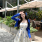 Blue floral suspender dress gentle temperament beautiful waist bud short skirt R0784