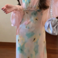 Gentle temperament oil painting floral dress beautiful waist slim fit small skirt R0629