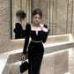Hepburn style French black dress high-end niche temperament square neck long sleeve dress R1793