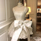 Lace bow strapless dress, summer dress, waist cinched princess puffy short skirt, homecoming dress R2994