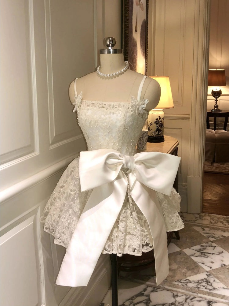 Lace bow strapless dress, summer dress, waist cinched princess puffy short skirt, homecoming dress R2994