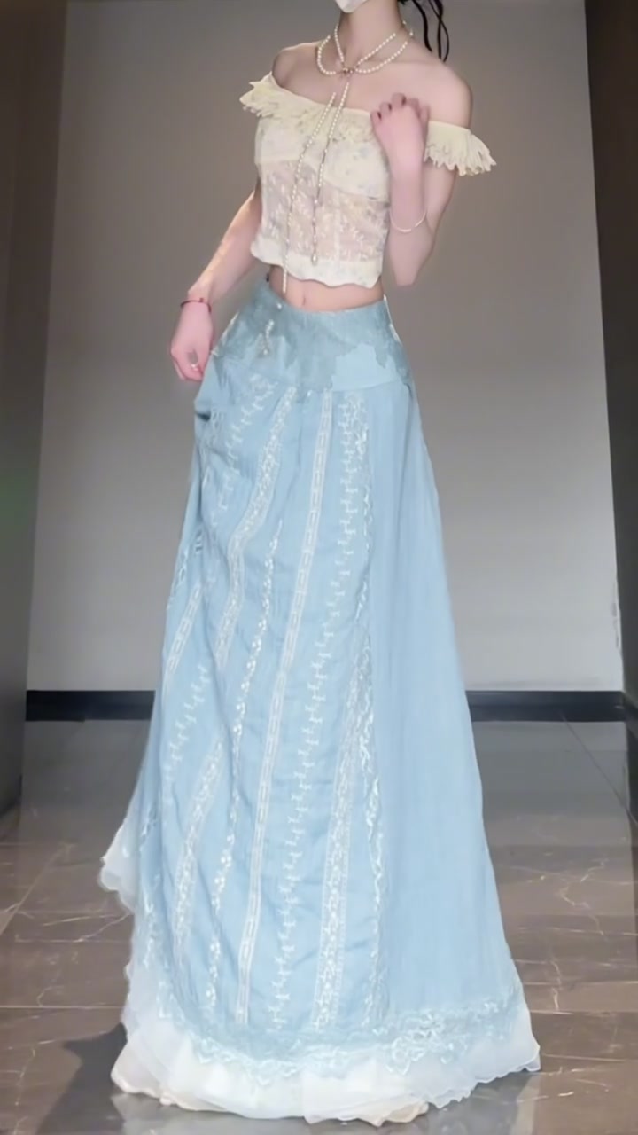 Gentle temperament white one-shoulder top a-line skirt two-piece set R0808