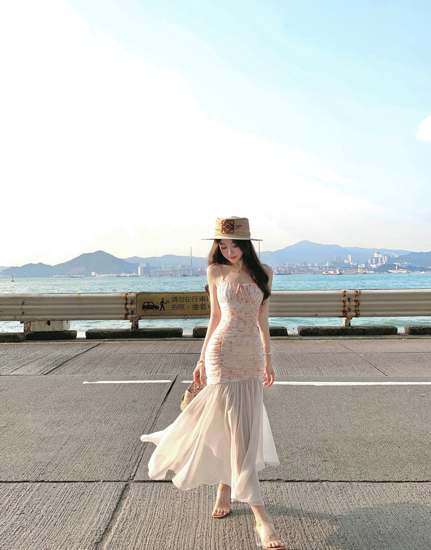 Design sense waist floral sling fishtail dress big swing gauze skirt long summer R3908