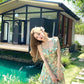 Green oil painting waist dress holiday design suspenders floral dress women summer R3909
