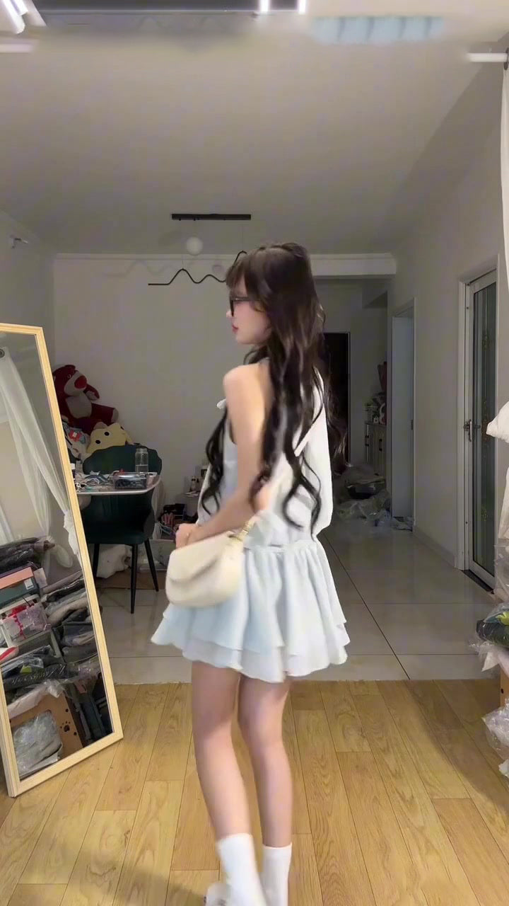 Blue halter dress gentle temperament waist a-line short skirt summer skirt R0836