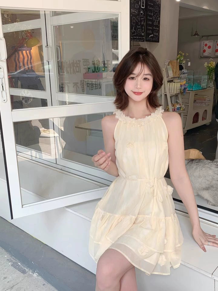 Gentle temperament small skirt holiday style three-dimensional flower sleeveless halter dress R0892