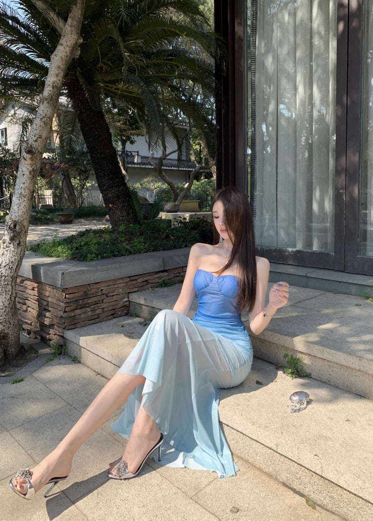 Blue gradient tube top dress 2025 new waist slim fit hip skirt R0563