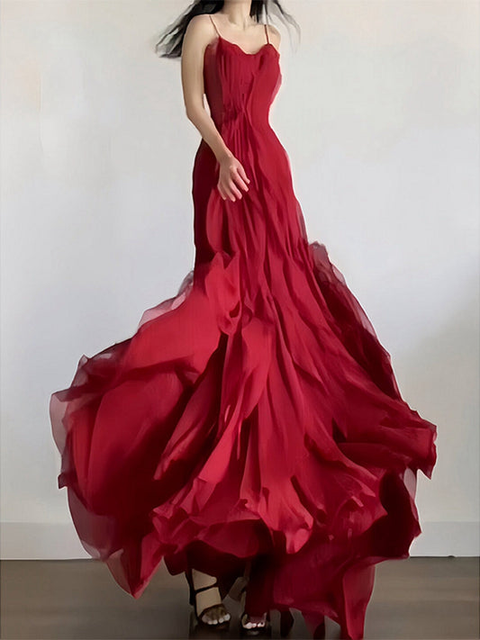 French style beautiful red sling bottom dress high-end slim fit princess dress R1654