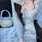 Gentle temperament blue floral dress new style beautiful small skirt R0684