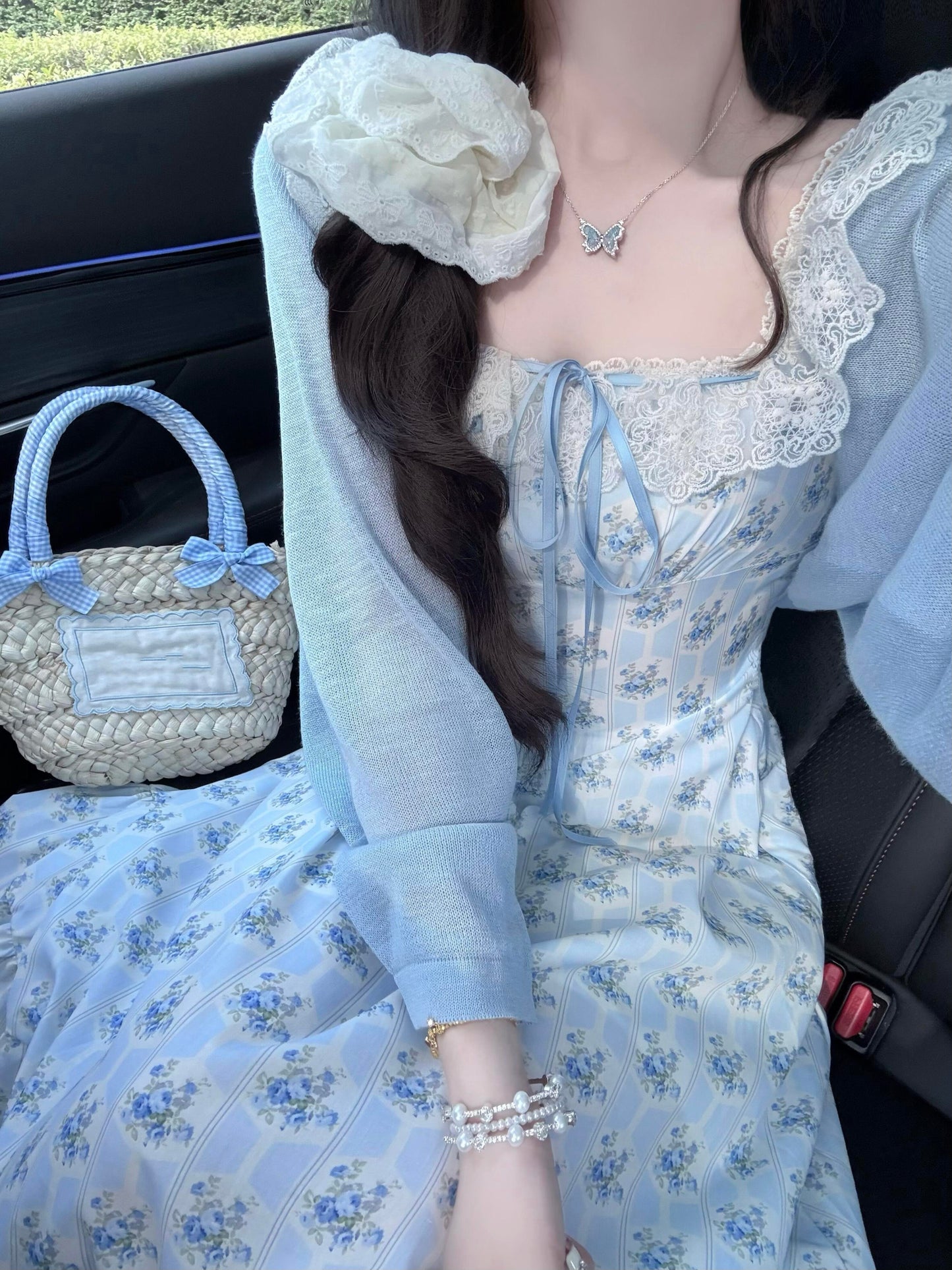 Gentle temperament blue floral dress new style beautiful small skirt R0684