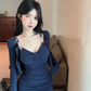 Hot Girl Style Sexy Bottom Slim Pleated Suspender Dress Long Sleeve Cardigan Top Two-piece Set R3789