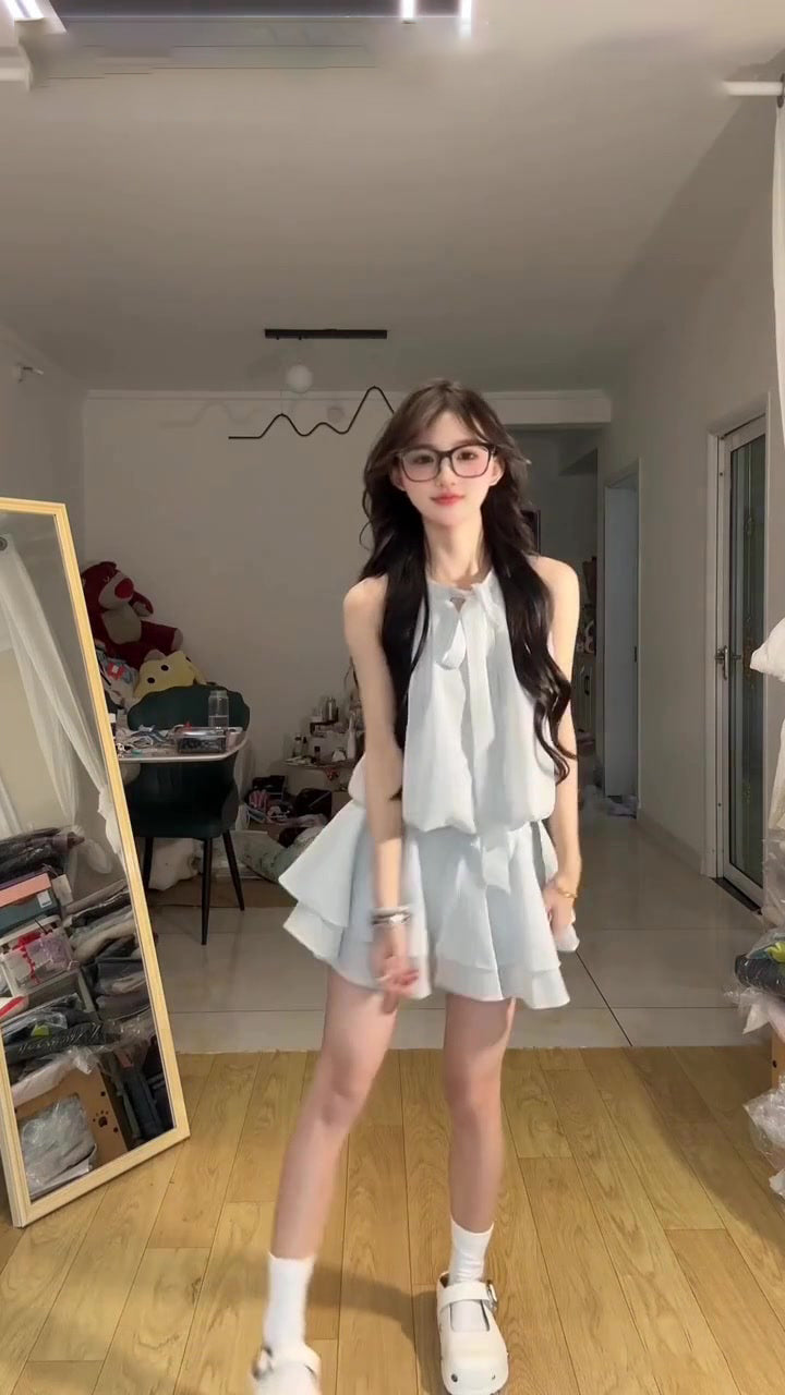 Blue halter dress gentle temperament waist a-line short skirt summer skirt R0836