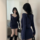 Hot Girl Style Sexy Bottom Slim Pleated Suspender Dress Long Sleeve Cardigan Top Two-piece Set R3789