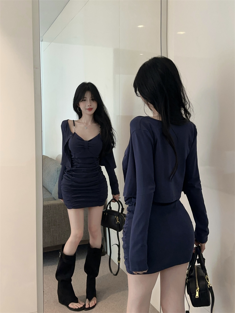 Hot Girl Style Sexy Bottom Slim Pleated Suspender Dress Long Sleeve Cardigan Top Two-piece Set R3789