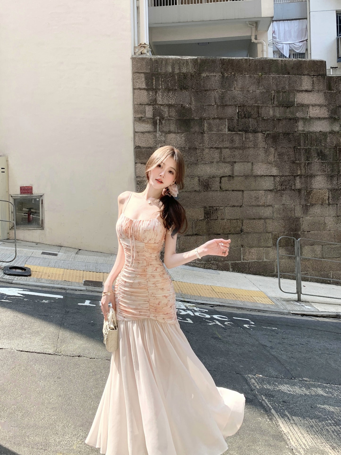 Design sense waist floral sling fishtail dress big swing gauze skirt long summer R3908