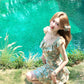 Green oil painting waist dress holiday design suspenders floral dress women summer R3909